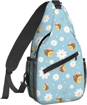 Women Cute Bee Pink Wings Daisy Crossbody Sling Backpack for Men Chest Bag Shoulder Bag Lightweight One Strap Backpack Travel Outdoor Daypack