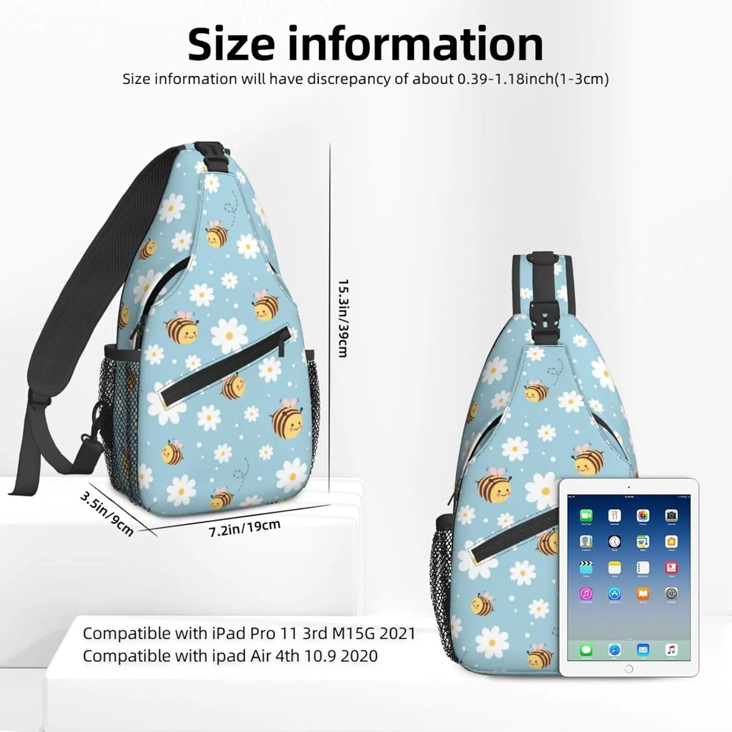Women Cute Bee Pink Wings Daisy Crossbody Sling Backpack for Men Chest Bag Shoulder Bag Lightweight One Strap Backpack Travel Outdoor Daypack