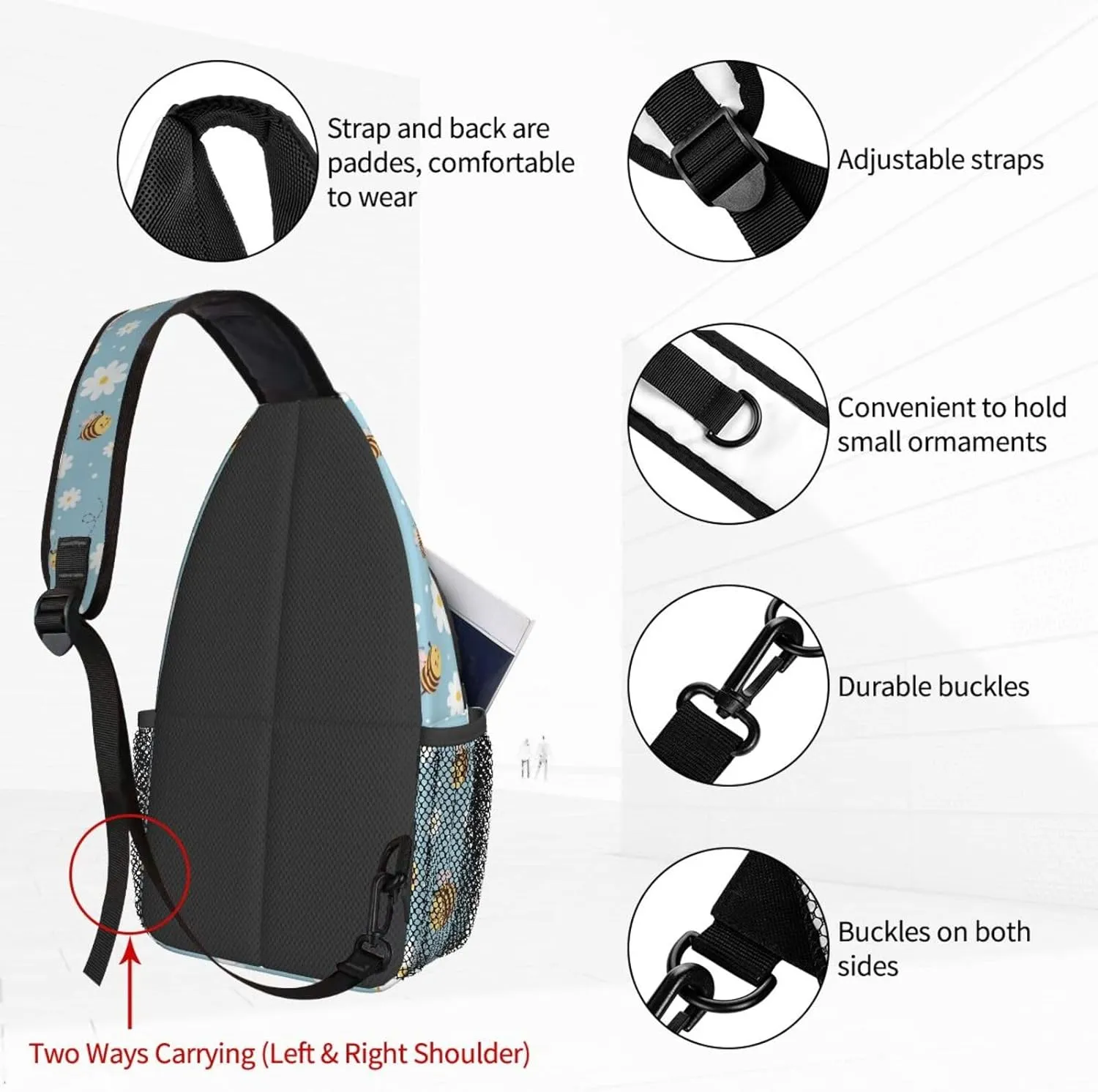 Women Cute Bee Pink Wings Daisy Crossbody Sling Backpack for Men Chest Bag Shoulder Bag Lightweight One Strap Backpack Travel Outdoor Daypack