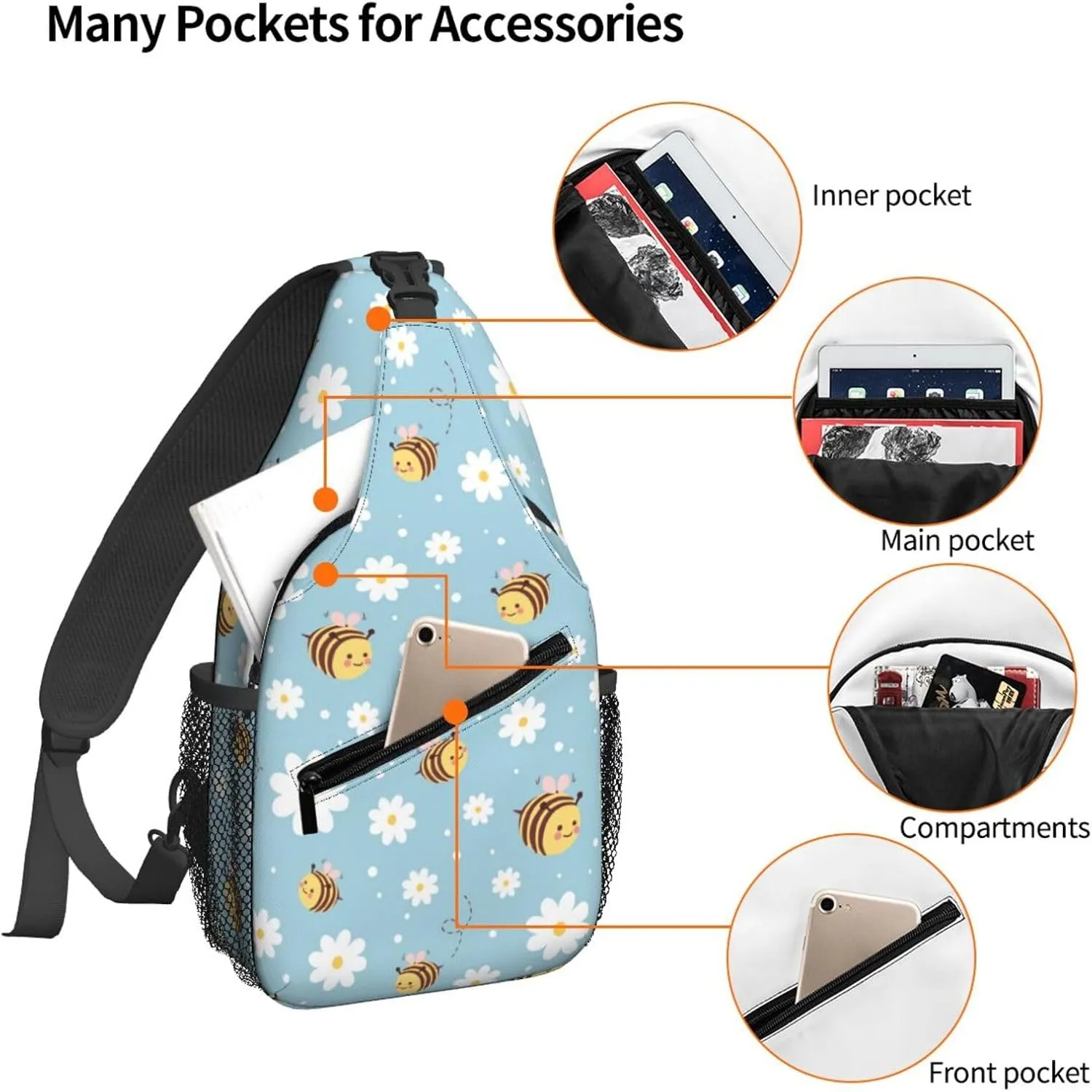 Women Cute Bee Pink Wings Daisy Crossbody Sling Backpack for Men Chest Bag Shoulder Bag Lightweight One Strap Backpack Travel Outdoor Daypack