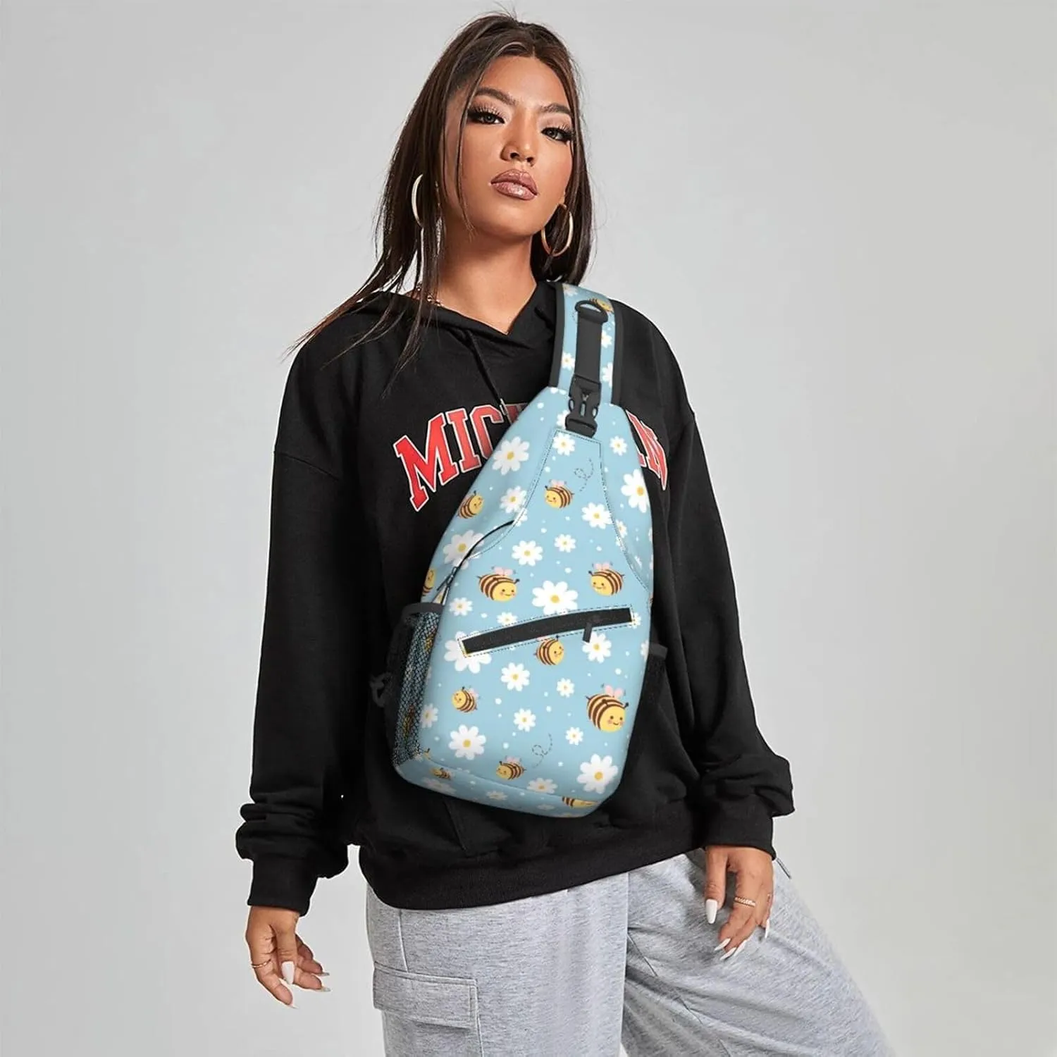 Women Cute Bee Pink Wings Daisy Crossbody Sling Backpack for Men Chest Bag Shoulder Bag Lightweight One Strap Backpack Travel Outdoor Daypack