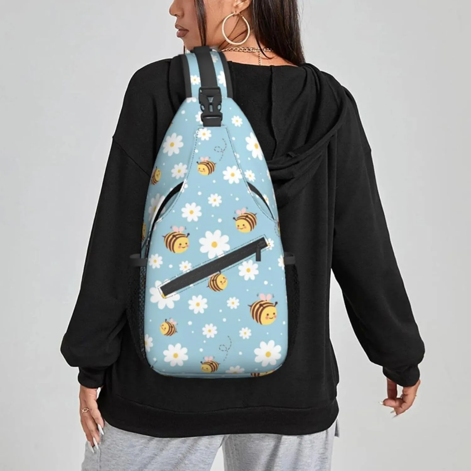 Women Cute Bee Pink Wings Daisy Crossbody Sling Backpack for Men Chest Bag Shoulder Bag Lightweight One Strap Backpack Travel Outdoor Daypack