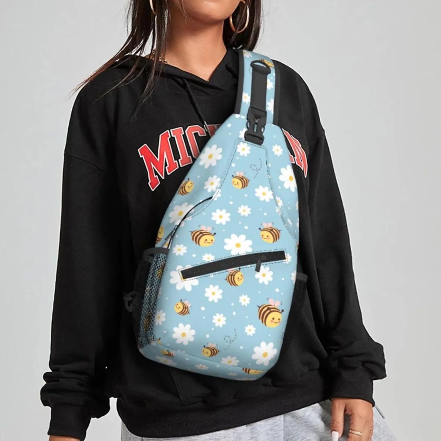 Women Cute Bee Pink Wings Daisy Crossbody Sling Backpack for Men Chest Bag Shoulder Bag Lightweight One Strap Backpack Travel Outdoor Daypack