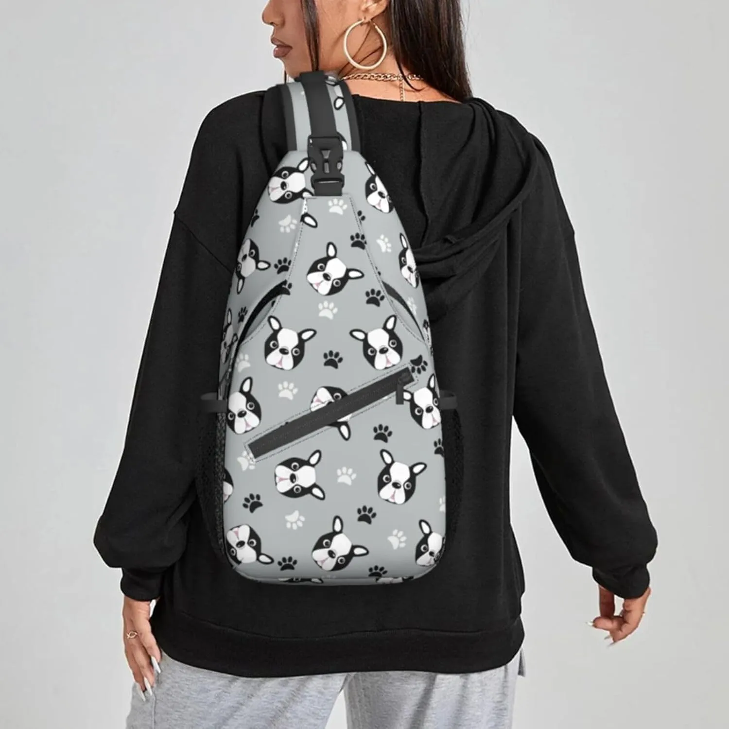 Women Cute Boston Terrier Head Paws Crossbody Sling Backpack for Men Chest Bag Shoulder Bag Lightweight One Strap Backpack Travel Outdoor Daypack