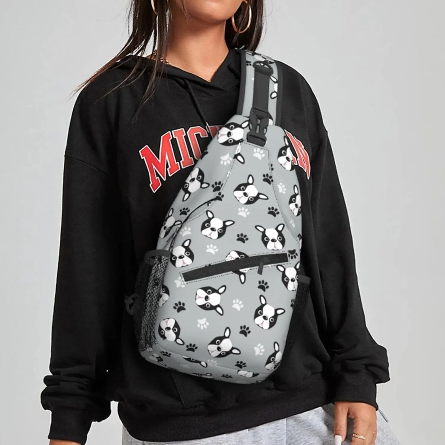 Women Cute Boston Terrier Head Paws Crossbody Sling Backpack for Men Chest Bag Shoulder Bag Lightweight One Strap Backpack Travel Outdoor Daypack
