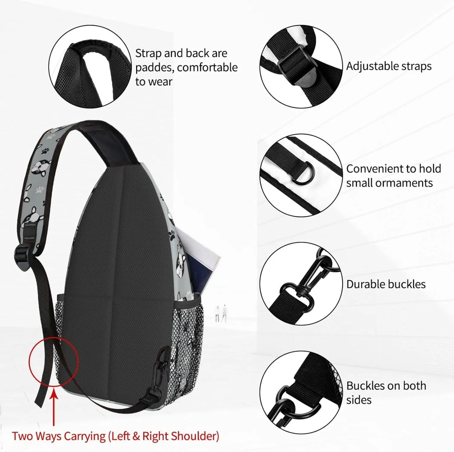 Women Cute Boston Terrier Head Paws Crossbody Sling Backpack for Men Chest Bag Shoulder Bag Lightweight One Strap Backpack Travel Outdoor Daypack