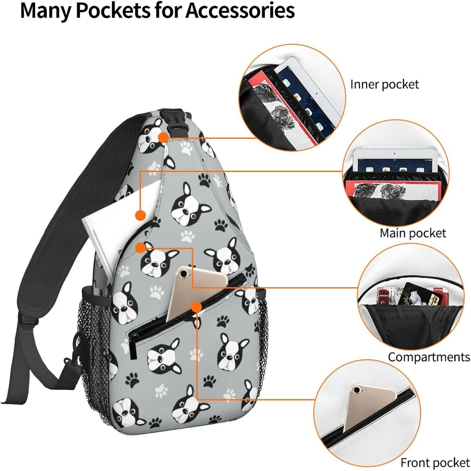 Women Cute Boston Terrier Head Paws Crossbody Sling Backpack for Men Chest Bag Shoulder Bag Lightweight One Strap Backpack Travel Outdoor Daypack
