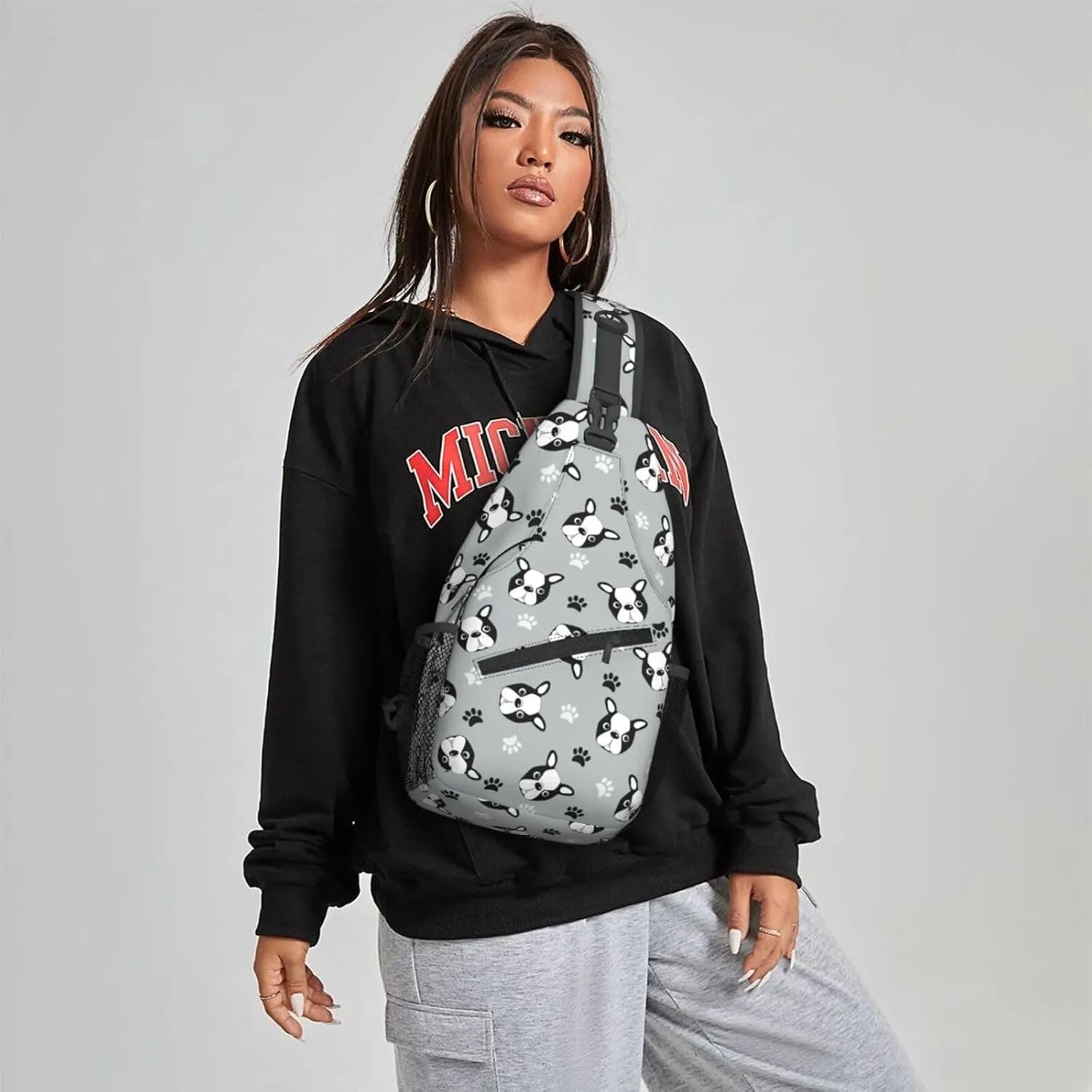 Women Cute Boston Terrier Head Paws Crossbody Sling Backpack for Men Chest Bag Shoulder Bag Lightweight One Strap Backpack Travel Outdoor Daypack
