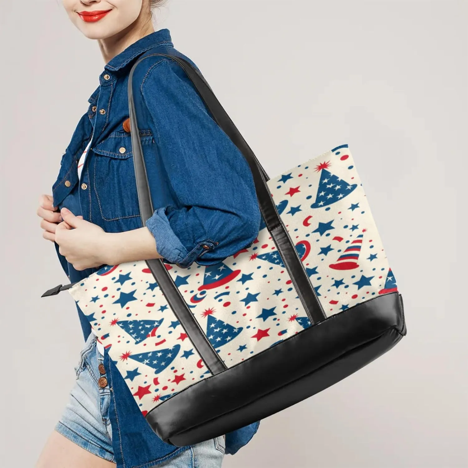 Women Tote Bag with Zipper, Shopper Handbag Travel Purse, PU Leather Laptop Tote Bags, Weekender Tote Bags