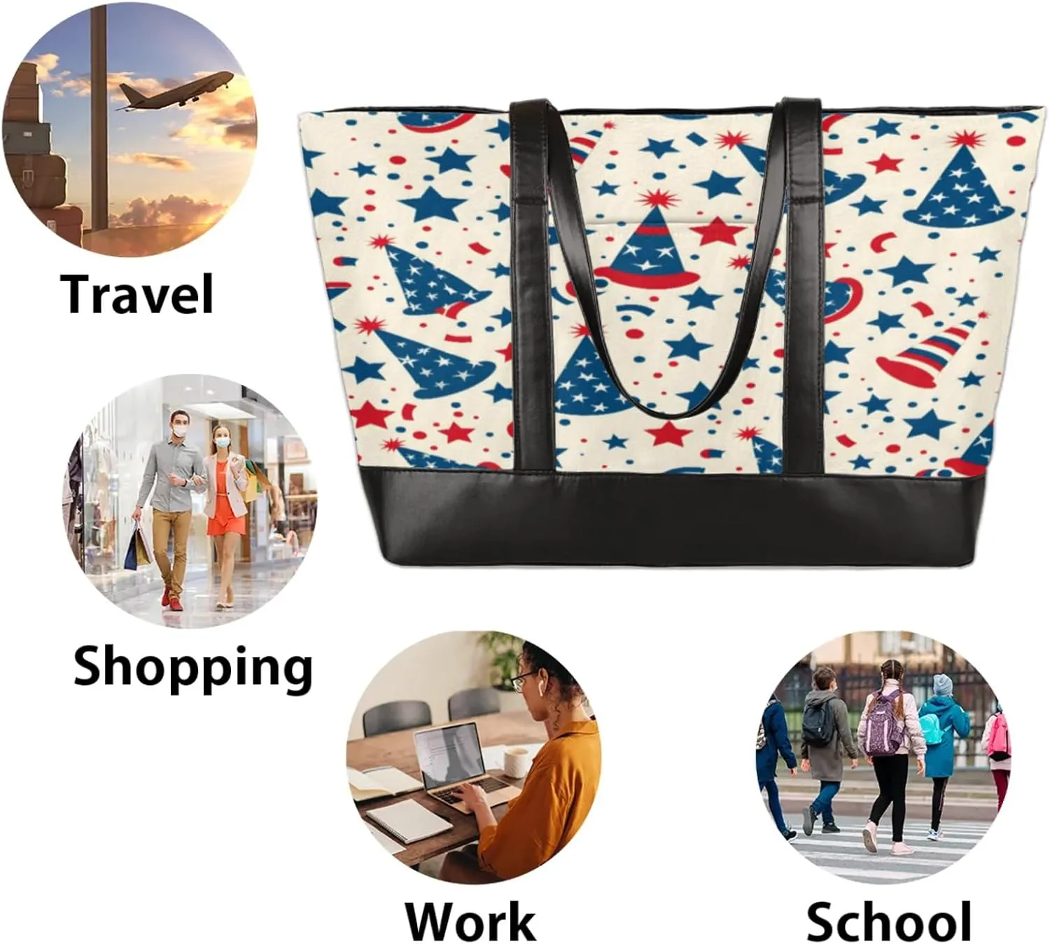 Women Tote Bag with Zipper, Shopper Handbag Travel Purse, PU Leather Laptop Tote Bags, Weekender Tote Bags