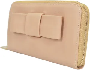 Women's Bow Front PU Leather Zip Around Wallet, Beige