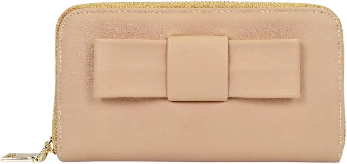 Women's Bow Front PU Leather Zip Around Wallet, Beige
