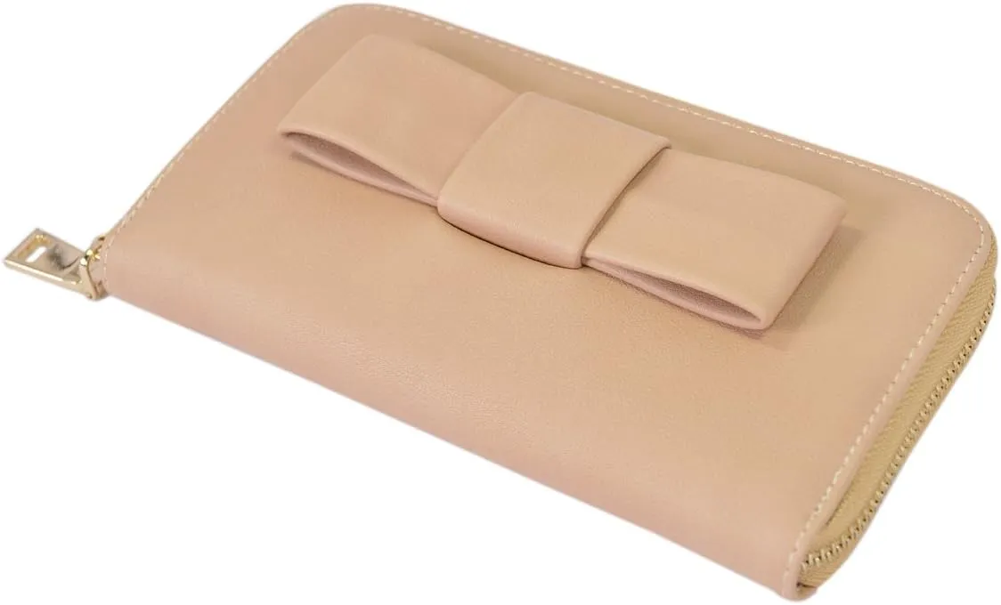 Women's Bow Front PU Leather Zip Around Wallet, Beige