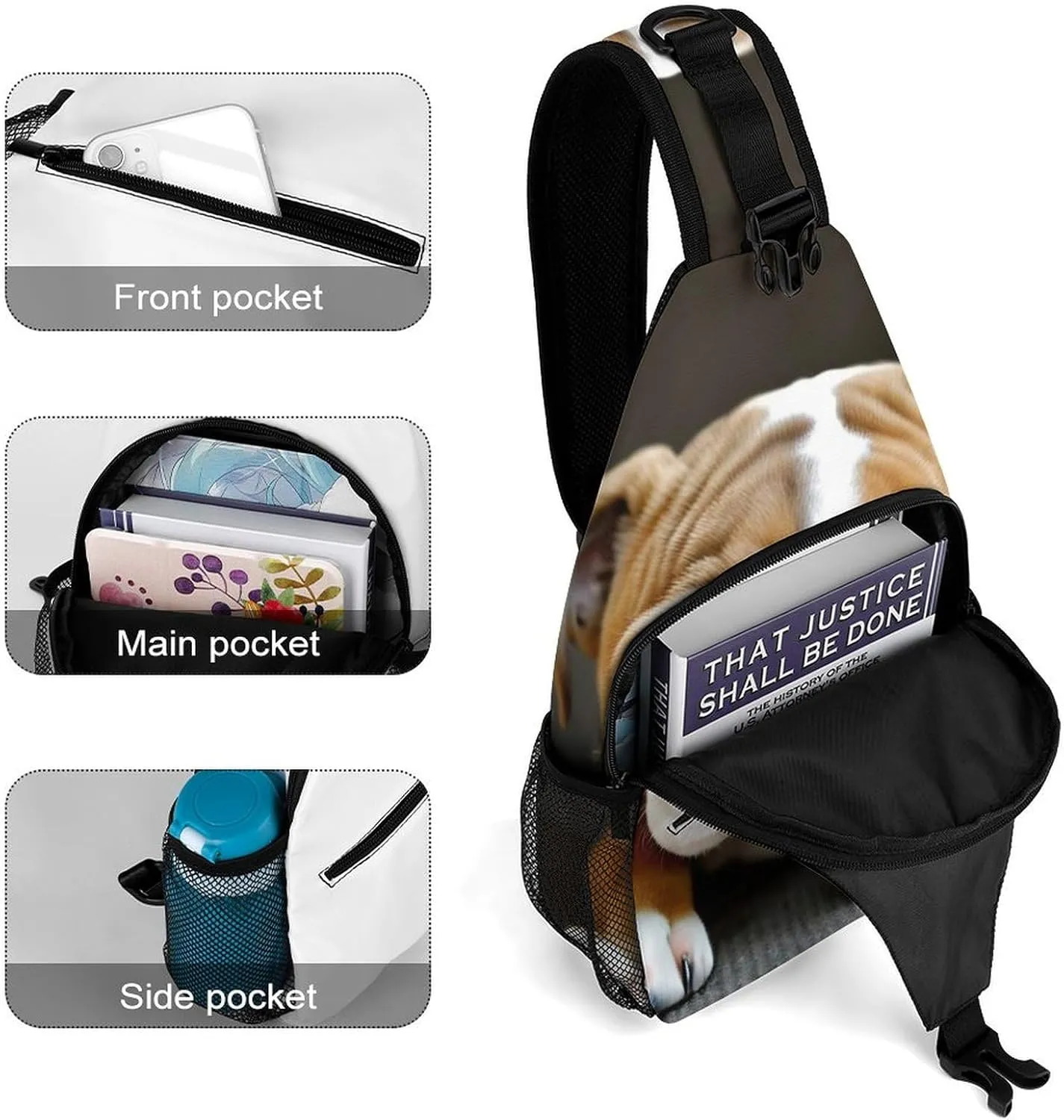 Womens Casual Shoulder Bag English Bulldog Puppy Dog Crossbody Sling Bag Large Capacity Adjustable Gym Chest Bag for Travel Sports Hiking
