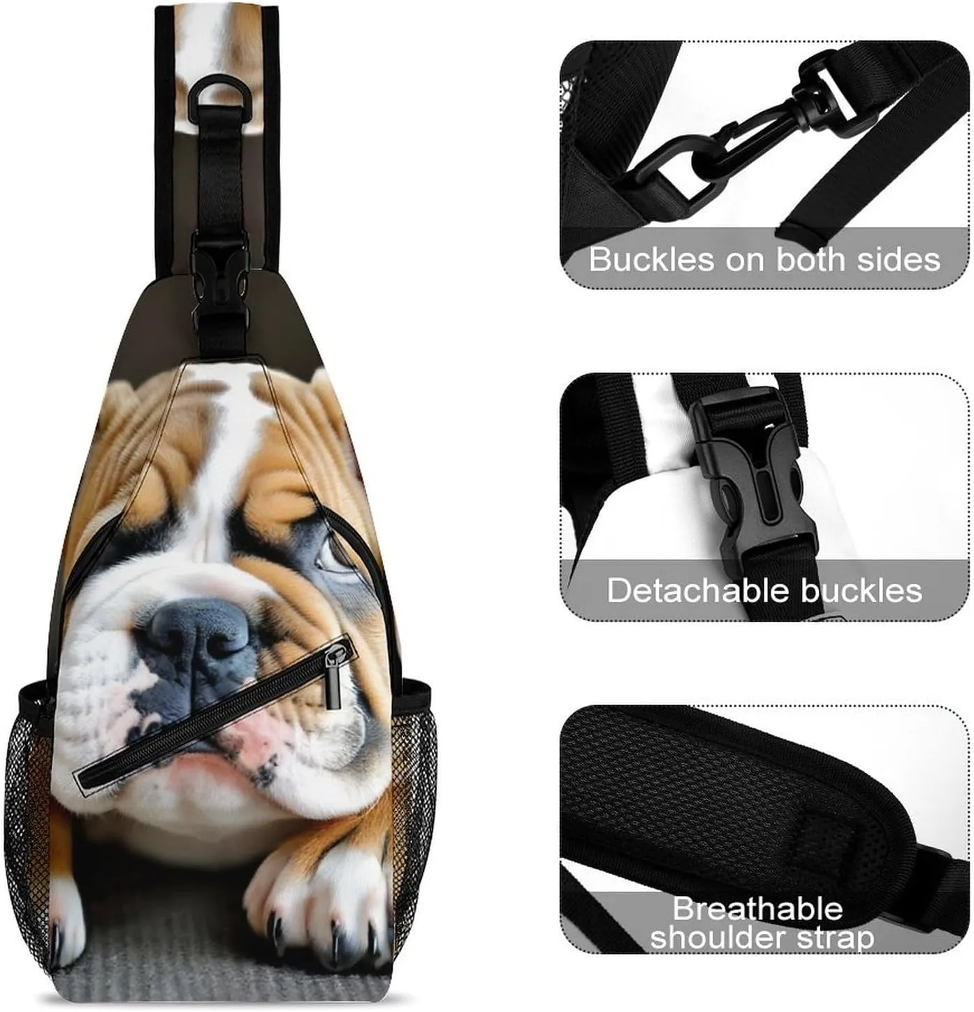 Womens Casual Shoulder Bag English Bulldog Puppy Dog Crossbody Sling Bag Large Capacity Adjustable Gym Chest Bag for Travel Sports Hiking