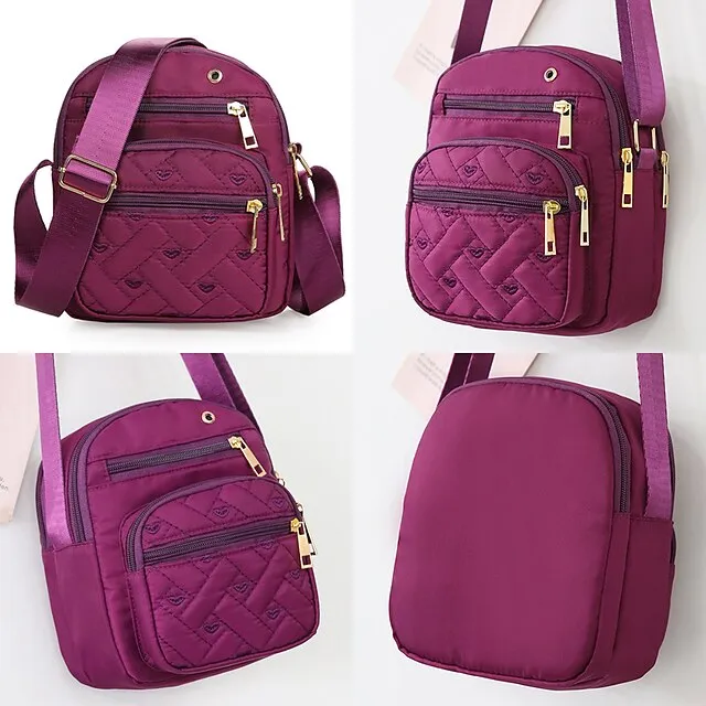 Women's Crossbody Bag Shoulder Bag Dome Bag Nylon Outdoor Daily Travel Zipper Large Capacity Lightweight Durable Solid Color Embroidery Quilted 204 five pockets purple 204 five pockets black 204 five
