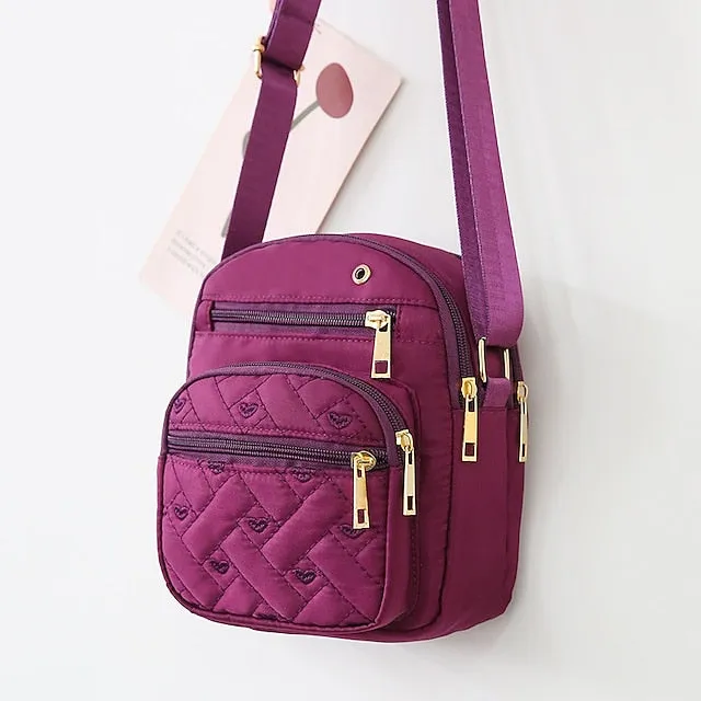 Women's Crossbody Bag Shoulder Bag Dome Bag Nylon Outdoor Daily Travel Zipper Large Capacity Lightweight Durable Solid Color Embroidery Quilted 204 five pockets purple 204 five pockets black 204 five