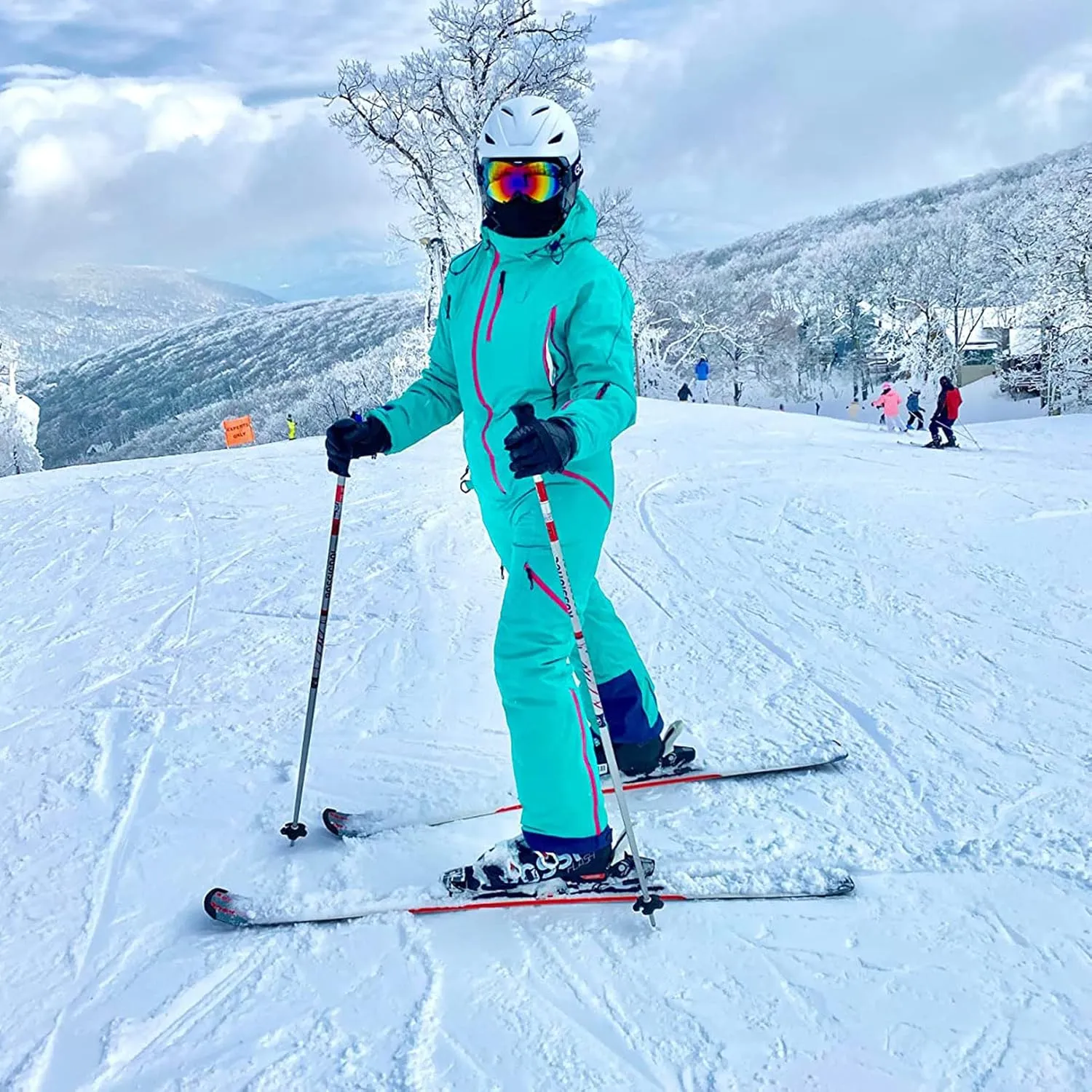Women's One Piece Ski Suits Windproof Jumpsuit Waterproof Warm Breathable Detachable Hood Snowsuit For Snow Sports