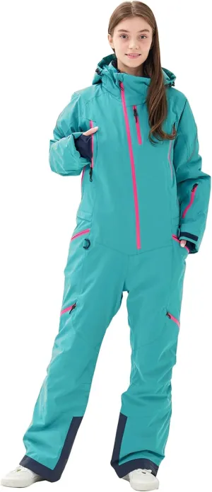 Women's One Piece Ski Suits Windproof Jumpsuit Waterproof Warm Breathable Detachable Hood Snowsuit For Snow Sports