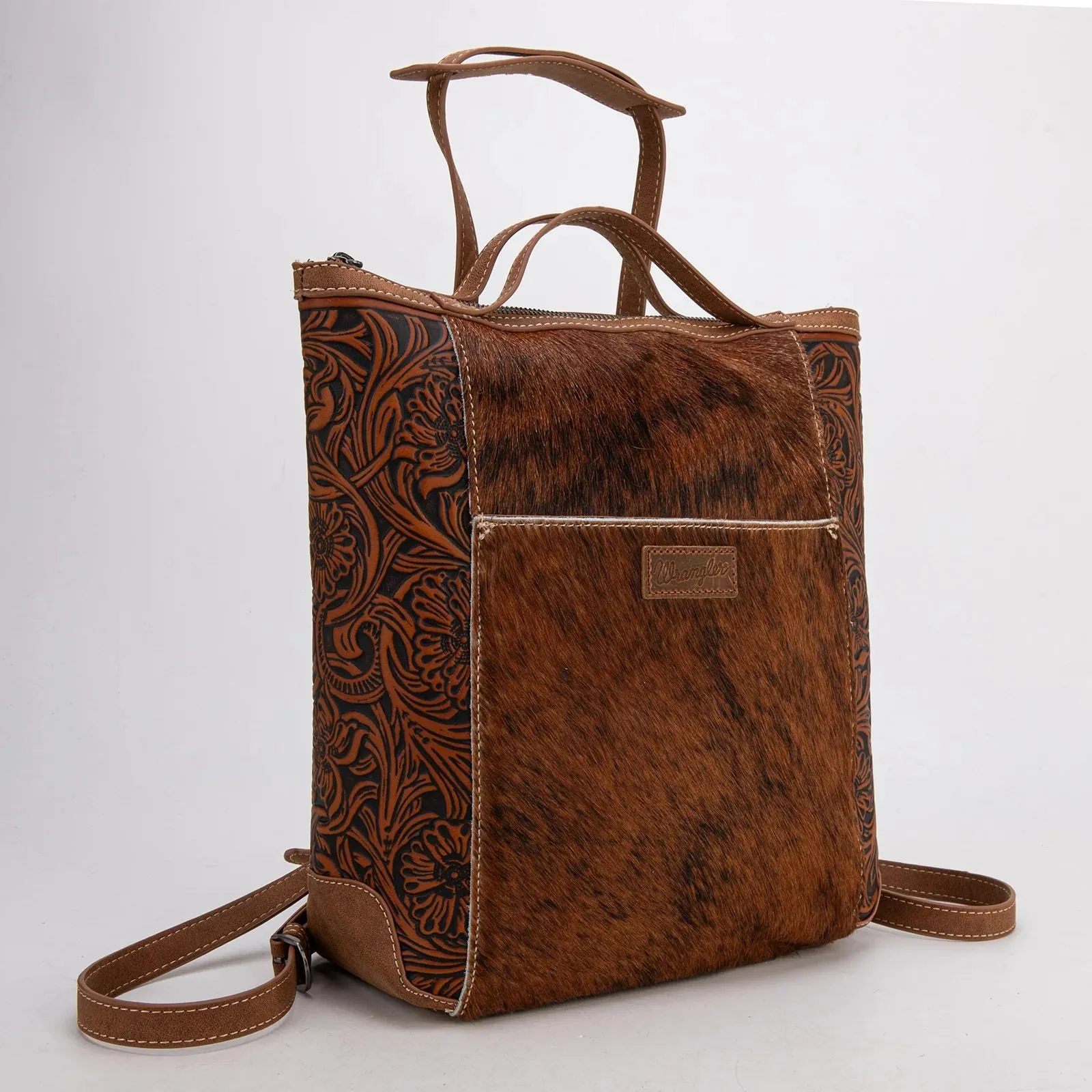 Wrangler Genuine Hair-On Cowhide Floral Tooled Convertible Backpack or Crossbody