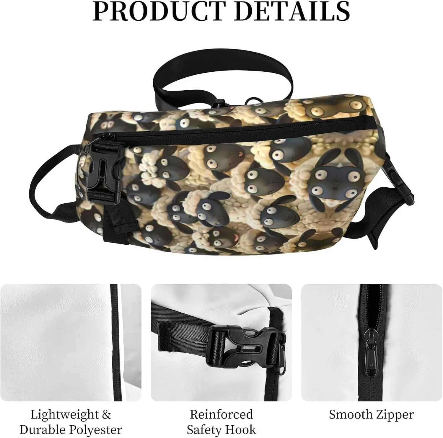 WURTON Cute Cartoon Sheep Print Crossbody Backpack Cross Pack Lightweight Sling Bag Travel, Hiking