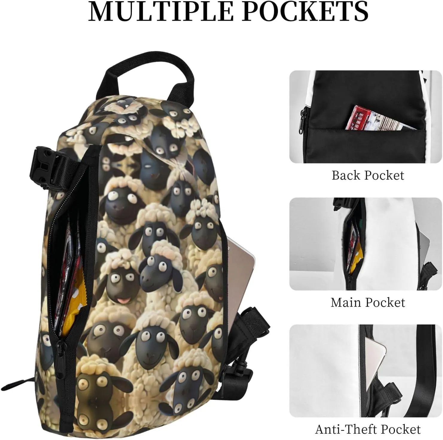 WURTON Cute Cartoon Sheep Print Crossbody Backpack Cross Pack Lightweight Sling Bag Travel, Hiking