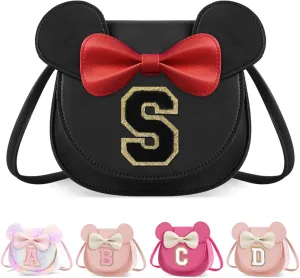 XSUIOY Toddler Wallet for Girls, Cute Mouse Ear Bow Crossbody Shoulder Purse, Personalized Initial Toddler Wallet Gifts for Little Girl (Black S)
