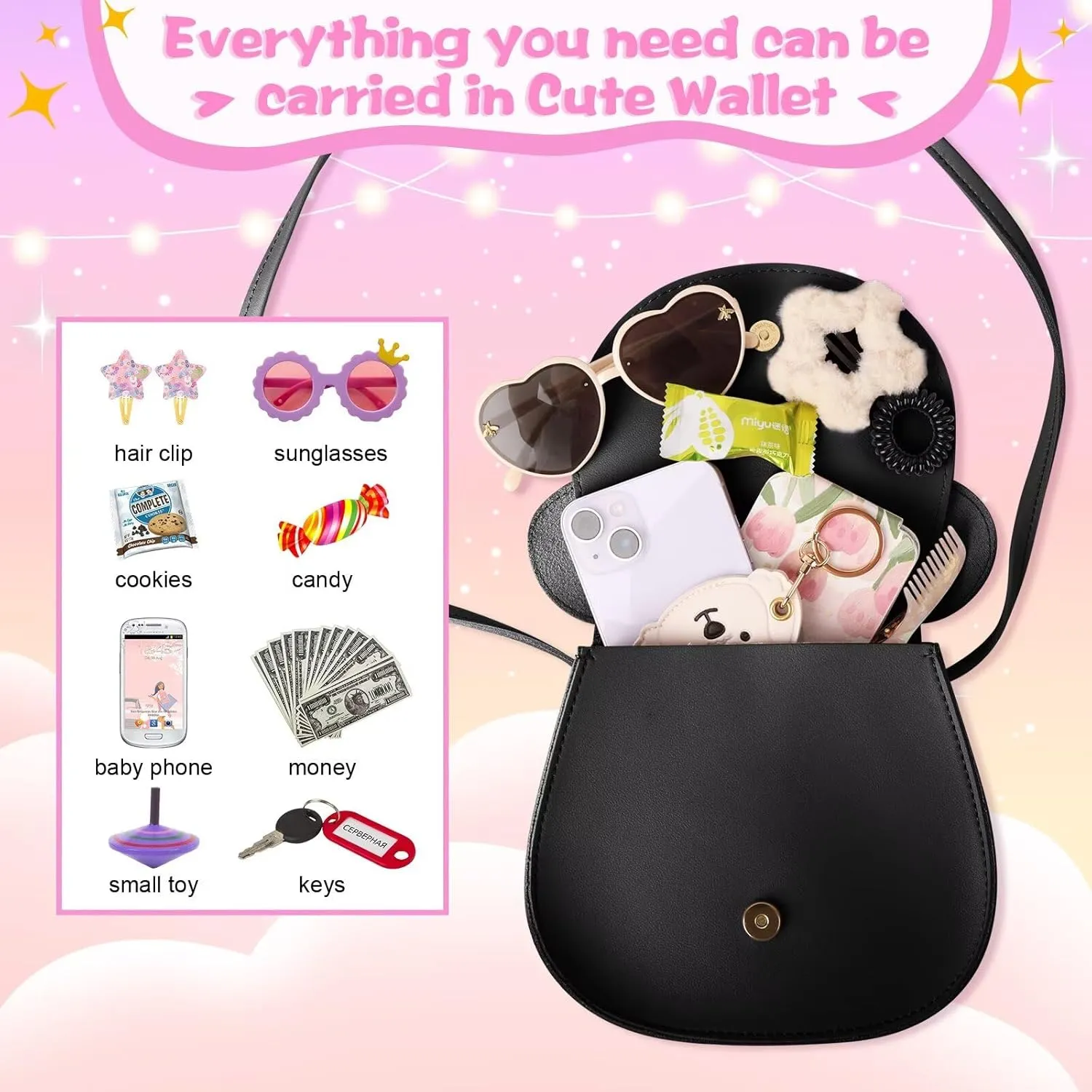 XSUIOY Toddler Wallet for Girls, Cute Mouse Ear Bow Crossbody Shoulder Purse, Personalized Initial Toddler Wallet Gifts for Little Girl (Black S)
