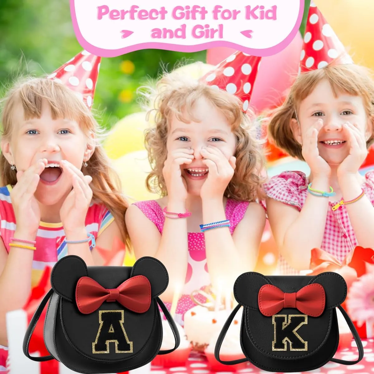 XSUIOY Toddler Wallet for Girls, Cute Mouse Ear Bow Crossbody Shoulder Purse, Personalized Initial Toddler Wallet Gifts for Little Girl (Black S)