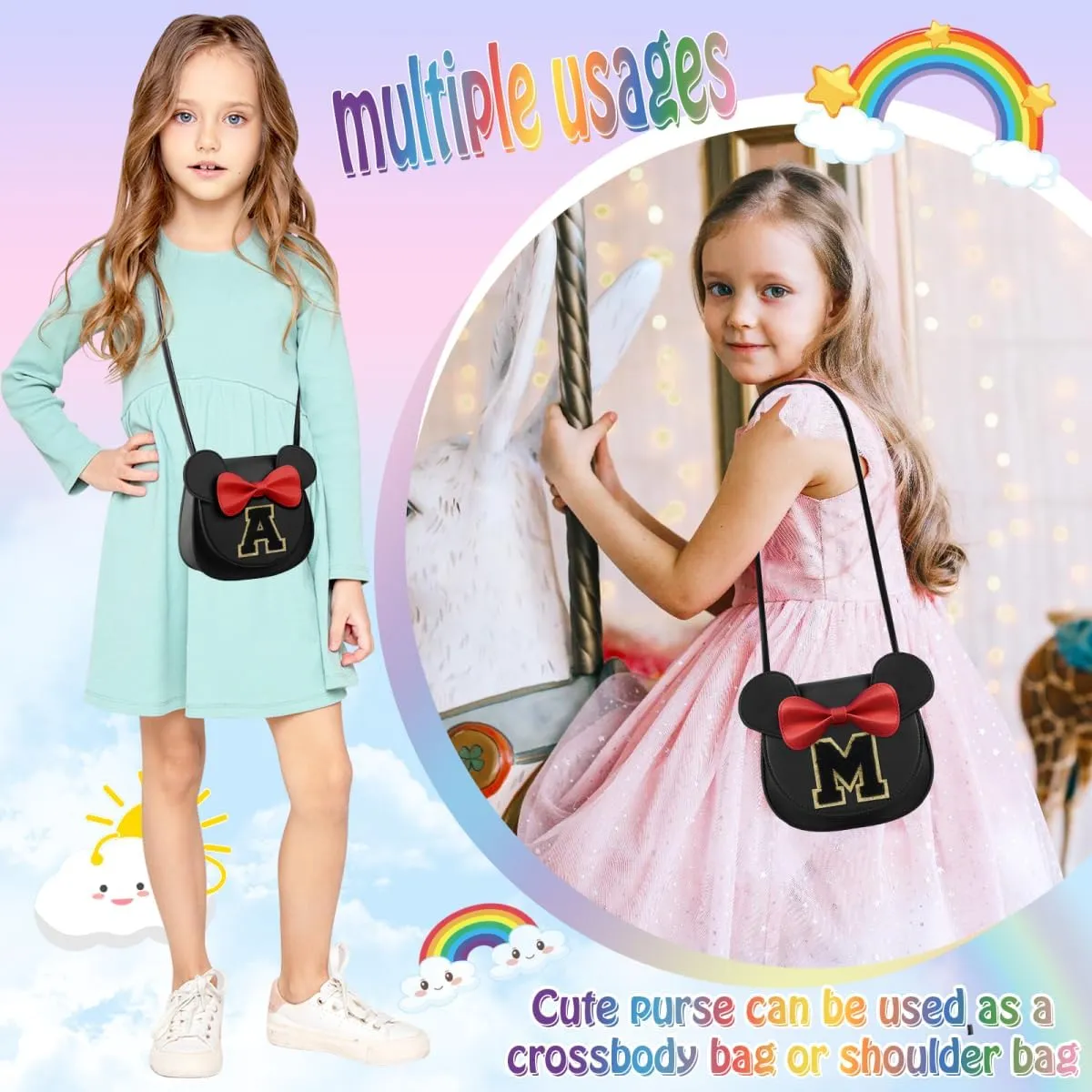 XSUIOY Toddler Wallet for Girls, Cute Mouse Ear Bow Crossbody Shoulder Purse, Personalized Initial Toddler Wallet Gifts for Little Girl (Black S)