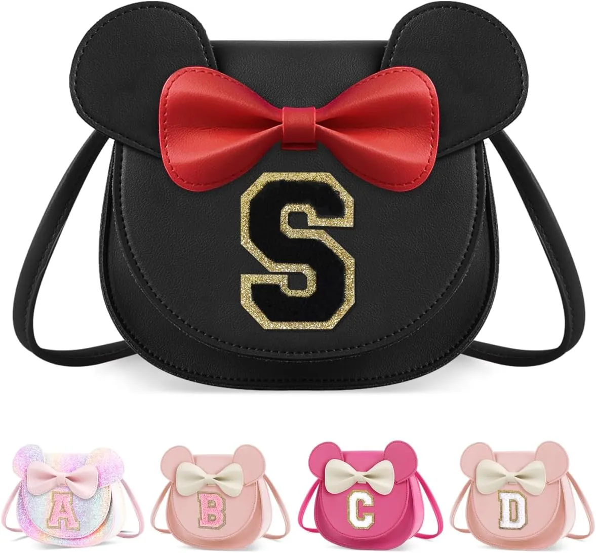 XSUIOY Toddler Wallet for Girls, Cute Mouse Ear Bow Crossbody Shoulder Purse, Personalized Initial Toddler Wallet Gifts for Little Girl (Black S)