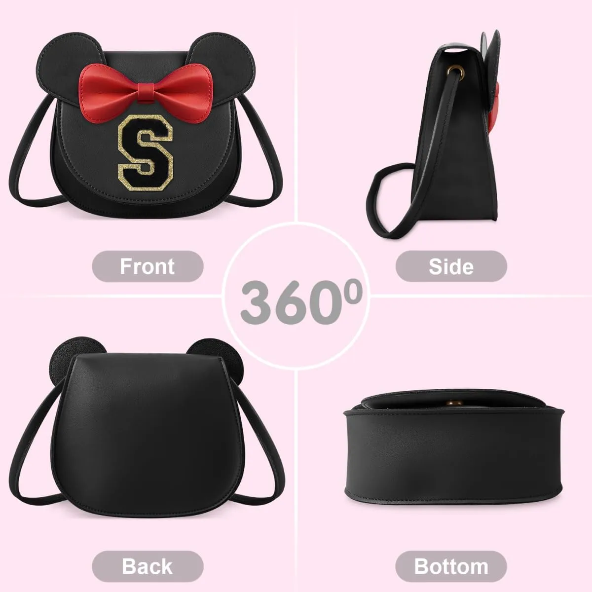 XSUIOY Toddler Wallet for Girls, Cute Mouse Ear Bow Crossbody Shoulder Purse, Personalized Initial Toddler Wallet Gifts for Little Girl (Black S)