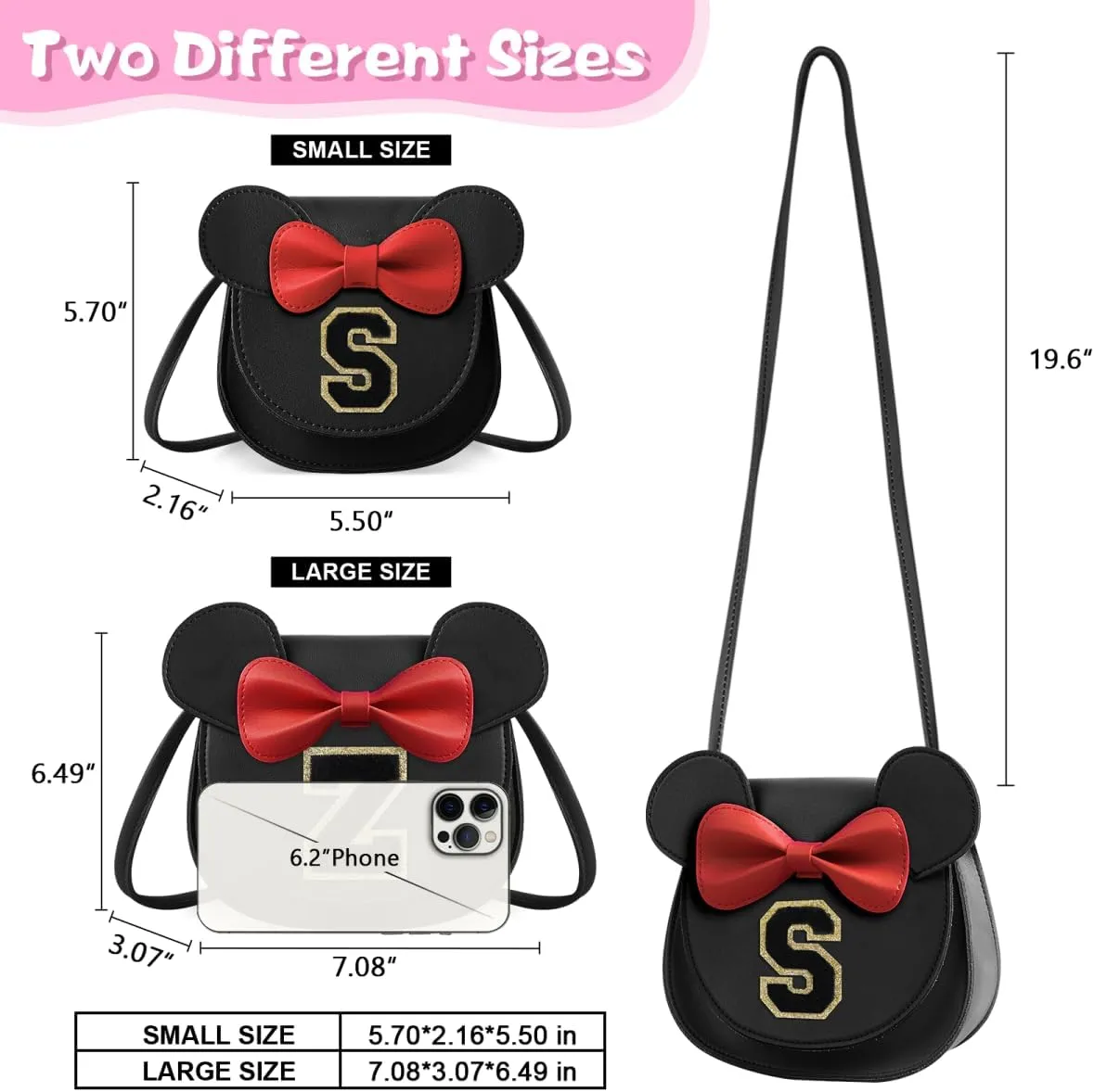 XSUIOY Toddler Wallet for Girls, Cute Mouse Ear Bow Crossbody Shoulder Purse, Personalized Initial Toddler Wallet Gifts for Little Girl (Black S)