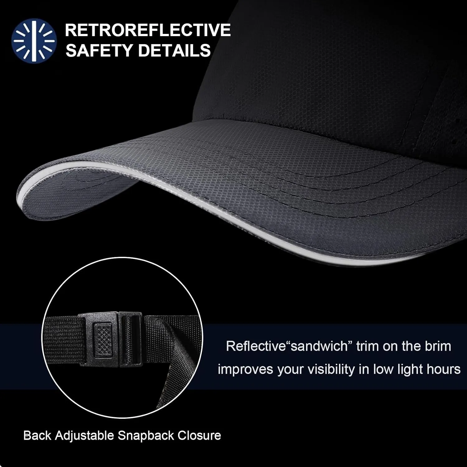 XXL Mens Quick Dry Baseball Cap Cooling Breathable Mesh Sports Cap Lightweight Run Hat with Reflective Trim
