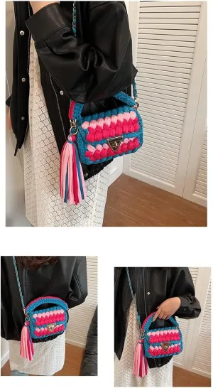 y2k Crossbody Bags for Women, Aesthetic Grunge Shoulder Bag Demure Emo Women Ladies Sling Purse Straw Chic Handbag (Rainbow blue)