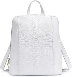 zency 100% Genuine Leather Knapsack Ladies Alligator Pattern Women Backpack For Work Laptop (White)