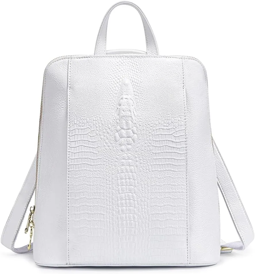 zency 100% Genuine Leather Knapsack Ladies Alligator Pattern Women Backpack For Work Laptop (White)