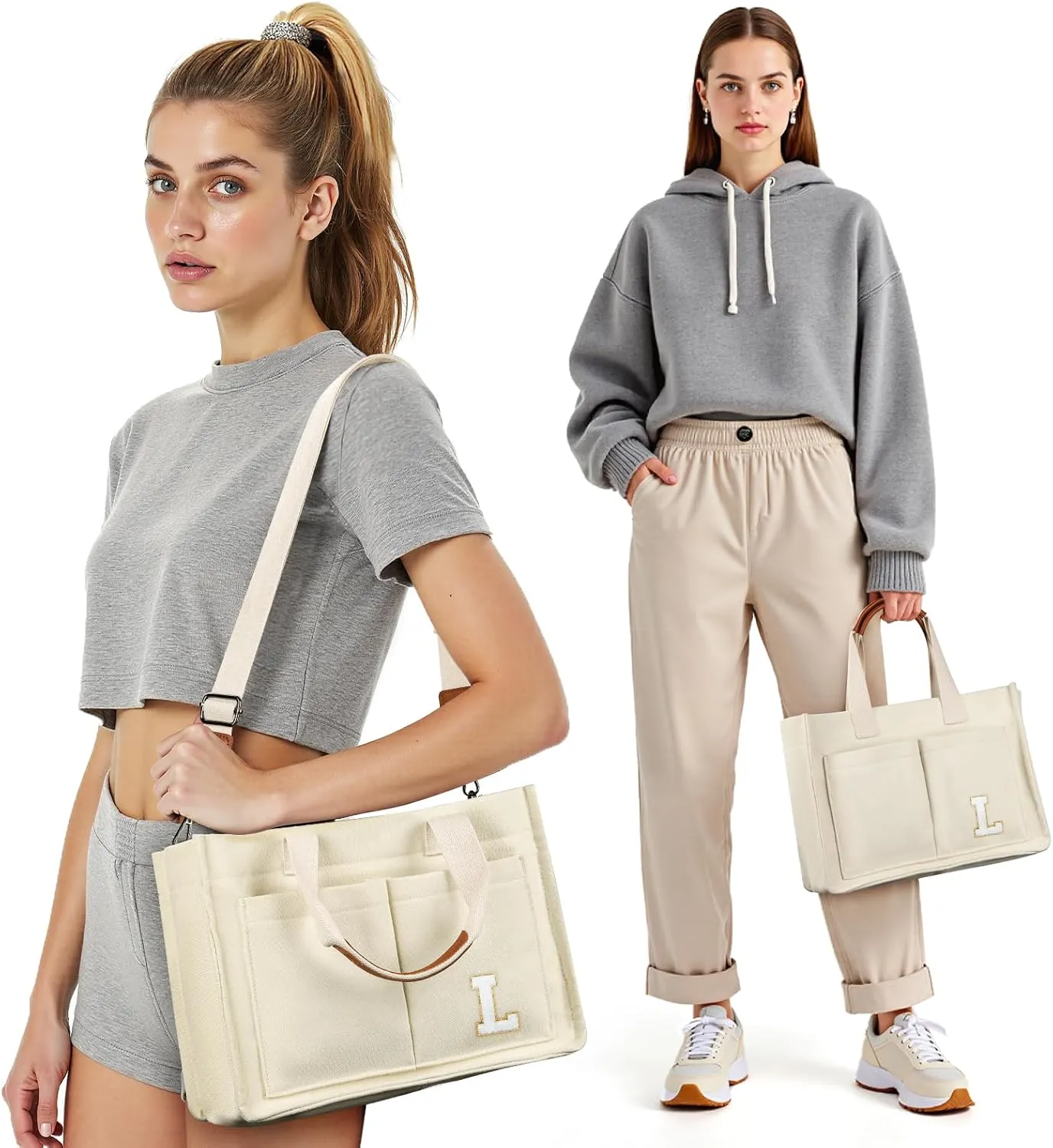 ZORFIN Canvas Tote Bag for Women with Zipper and Pockets Crossbody Work Laptop Book Bag for Travel College Gift