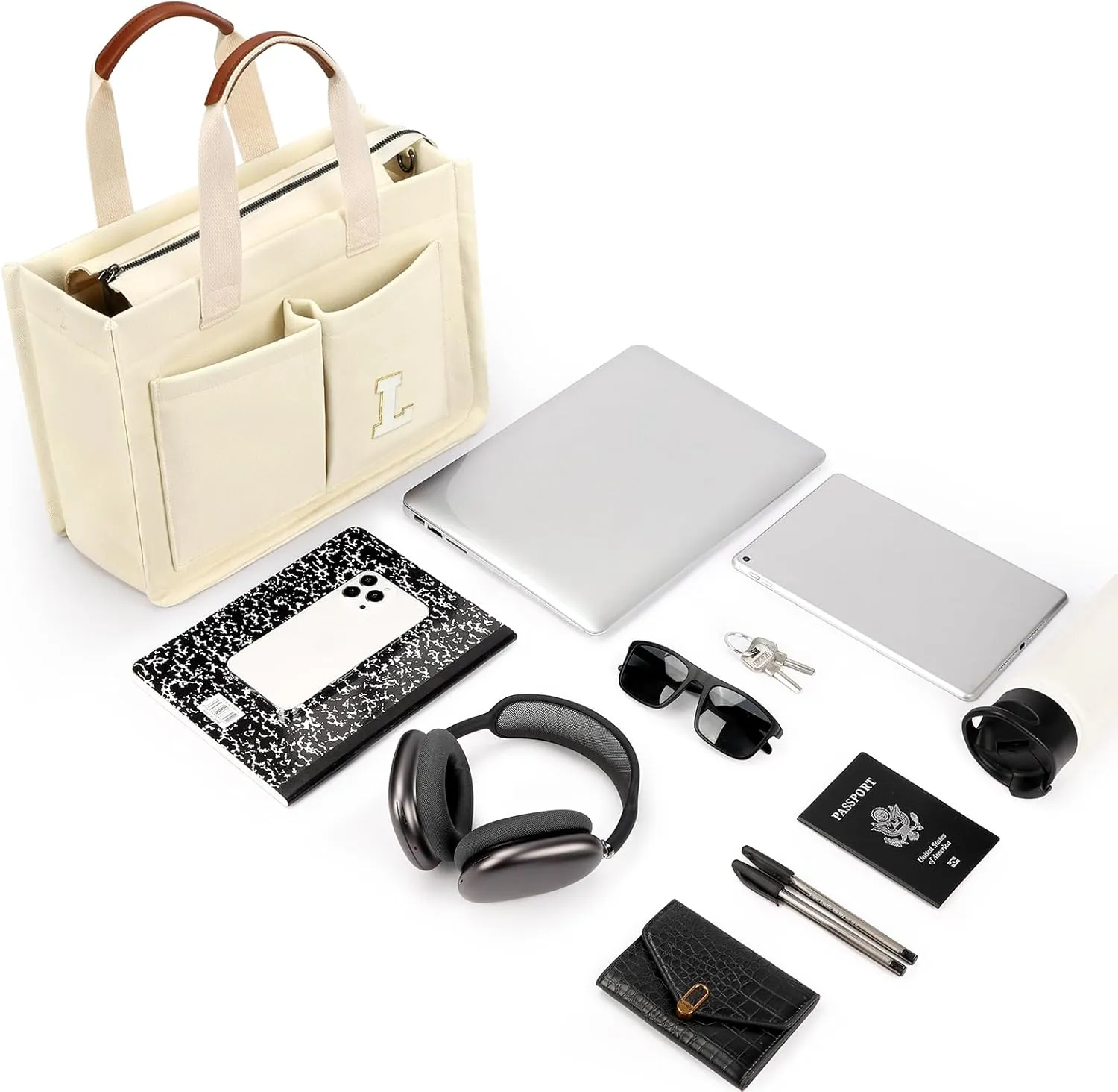 ZORFIN Canvas Tote Bag for Women with Zipper and Pockets Crossbody Work Laptop Book Bag for Travel College Gift
