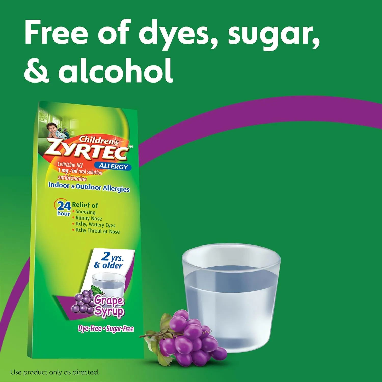 Zyrtec 24 Hour Children's Allergy Syrup with Cetirizine HCl, Antihistamine Allergy Medicine for Indoor & Outdoor Allergy Relief for Kids, Dye-Free & Sugar-Free, Grape Flavor, 8 fl. oz