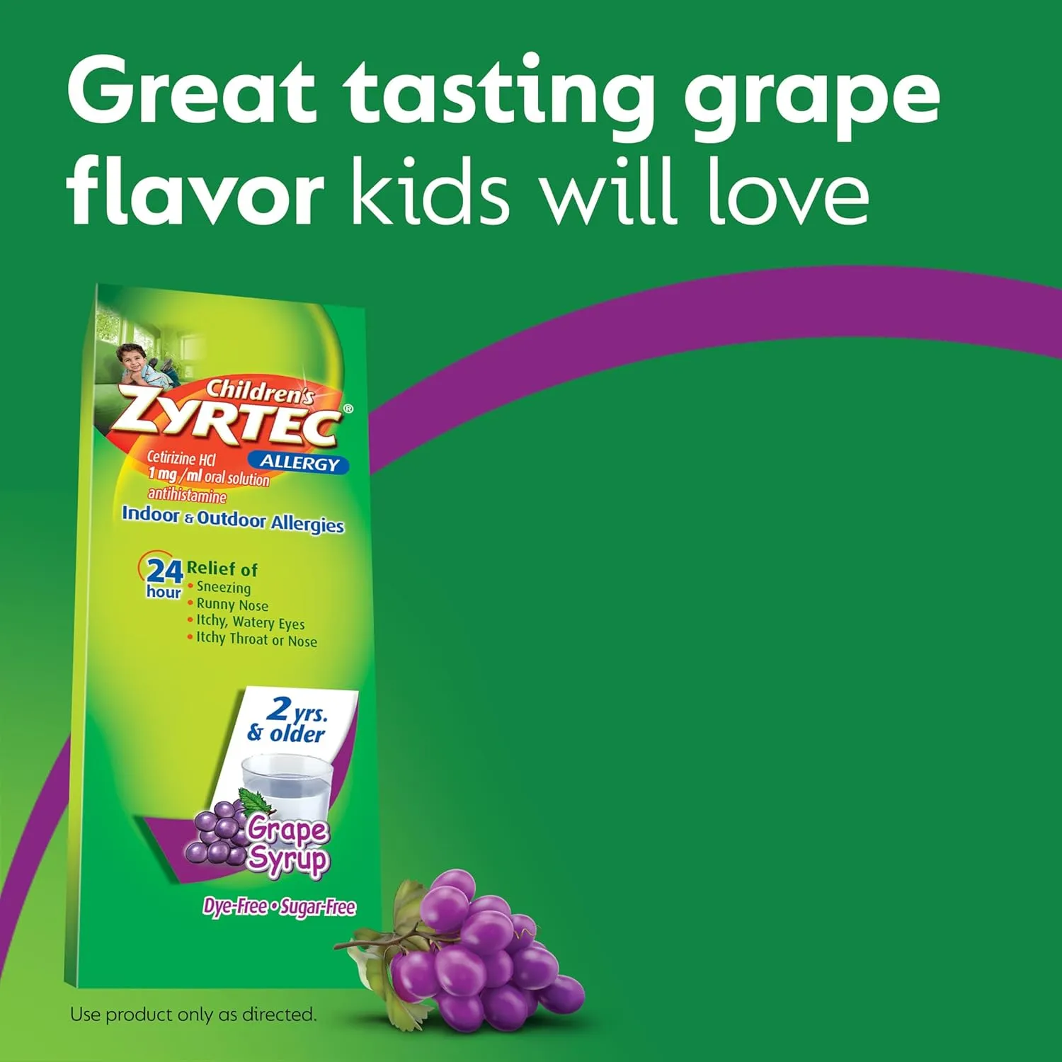 Zyrtec 24 Hour Children's Allergy Syrup with Cetirizine HCl, Antihistamine Allergy Medicine for Indoor & Outdoor Allergy Relief for Kids, Dye-Free & Sugar-Free, Grape Flavor, 8 fl. oz