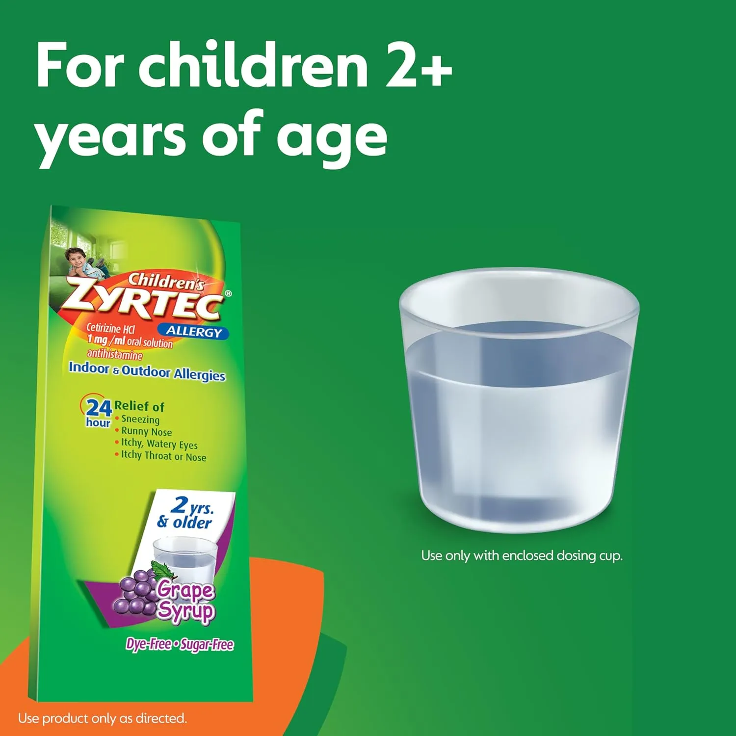 Zyrtec 24 Hour Children's Allergy Syrup with Cetirizine HCl, Antihistamine Allergy Medicine for Indoor & Outdoor Allergy Relief for Kids, Dye-Free & Sugar-Free, Grape Flavor, 8 fl. oz